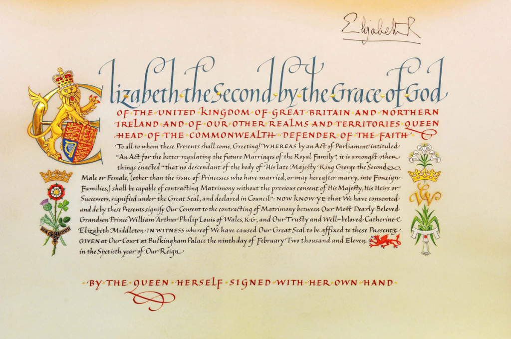 Marriage licence of HRH Prince William and Miss Catherine Middleton, 2011